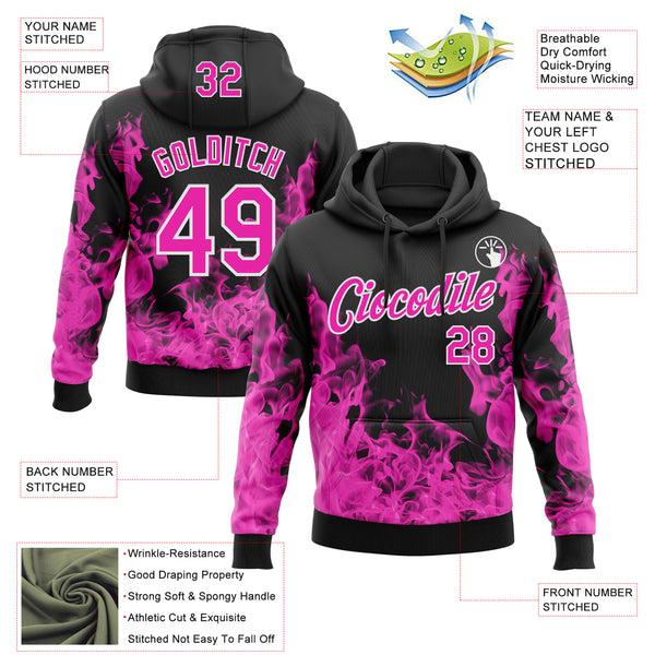 Custom Stitched Black Deep Pink-White 3D Pattern Design Flame Sports Pullover Sweatshirt Hoodie