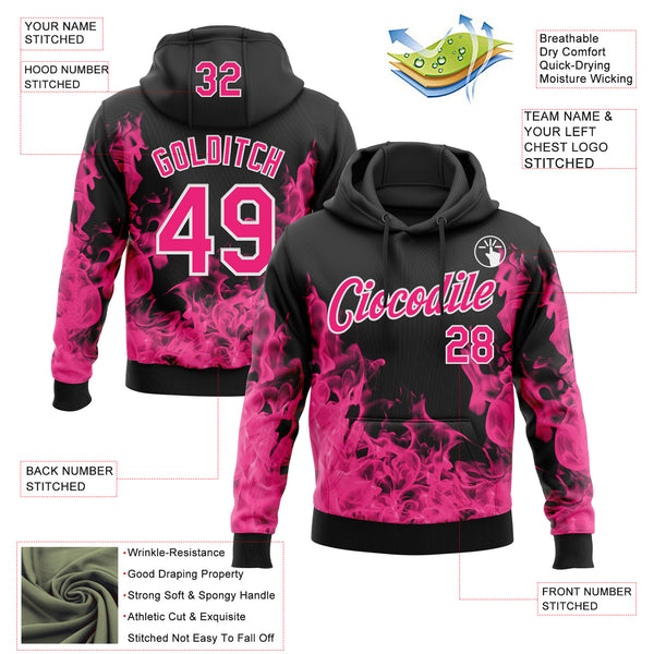 Custom Stitched Black Hot Pink-White 3D Pattern Design Flame Sports Pullover Sweatshirt Hoodie