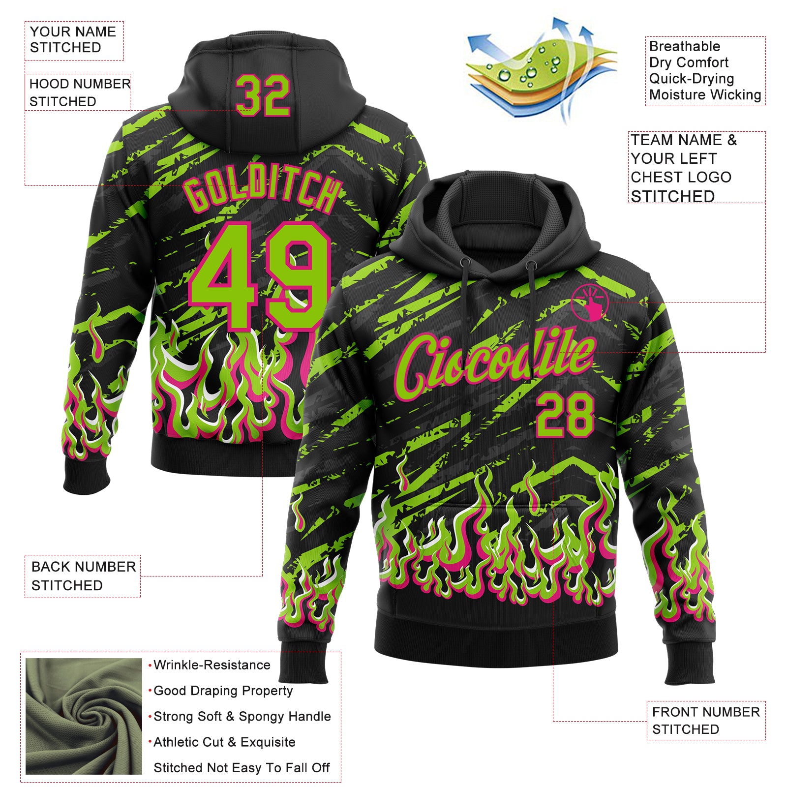 Custom Stitched Black Neon Green Hot Pink-White 3D Pattern Design Flame Sports Pullover Sweatshirt Hoodie