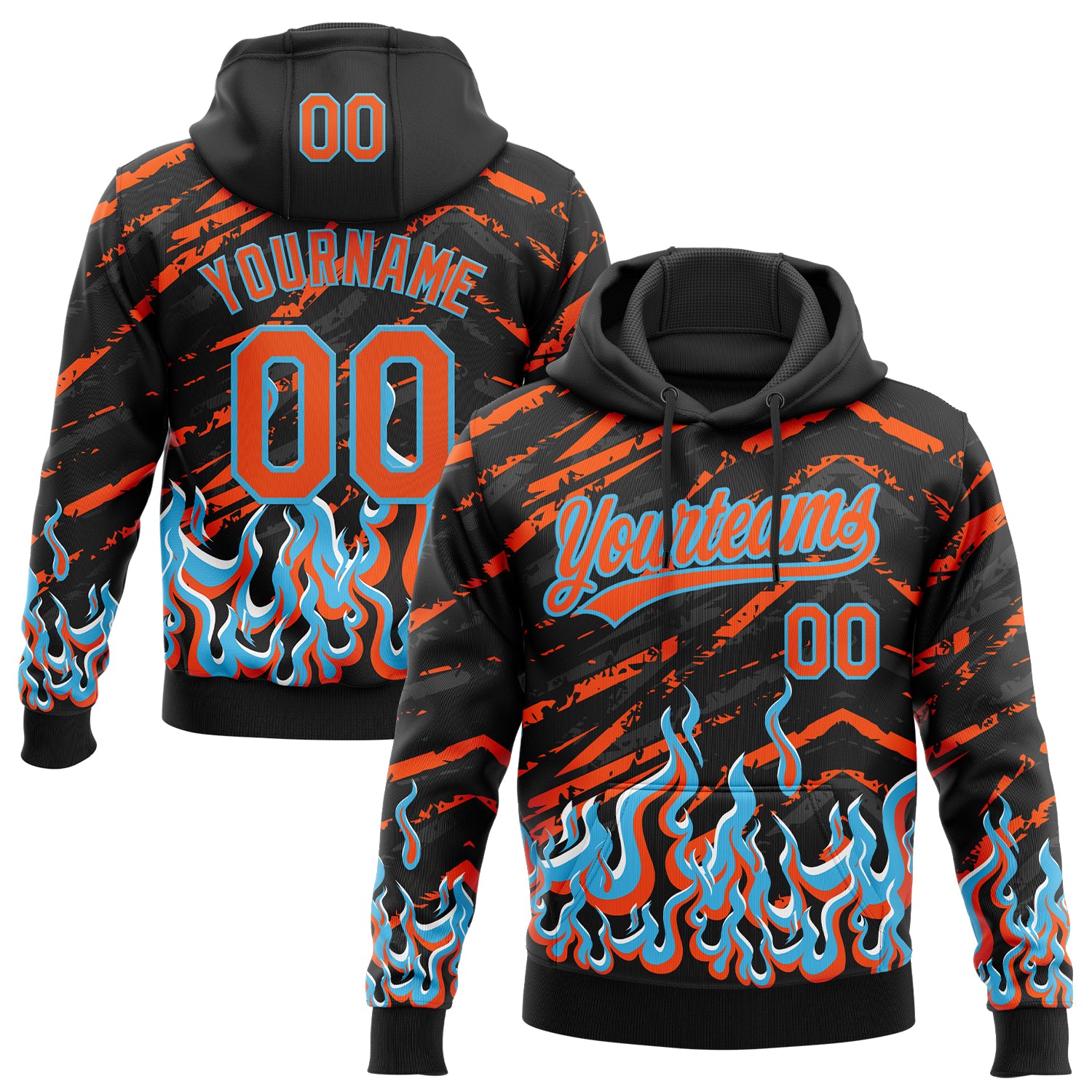 Custom Stitched Black Orange Lakes Blue-White 3D Pattern Design Flame Sports Pullover Sweatshirt Hoodie