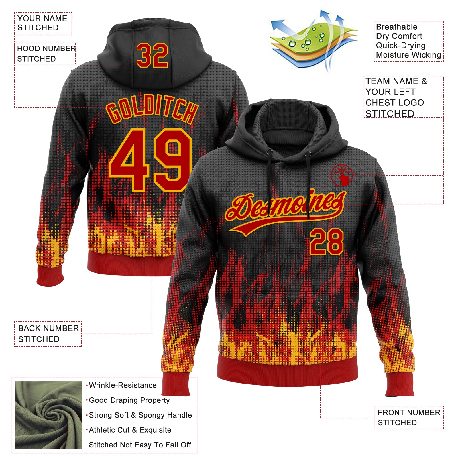 Custom Stitched Black Red-Gold 3D Pattern Design Flame Sports Pullover Sweatshirt Hoodie