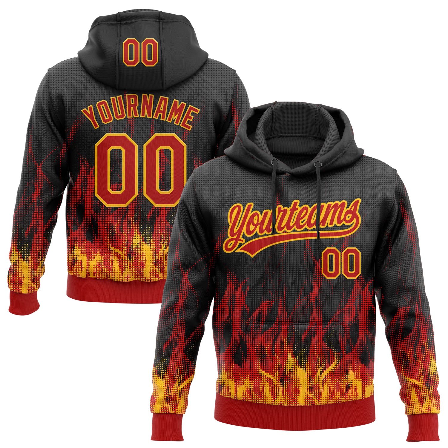 Custom Stitched Black Red-Gold 3D Pattern Design Flame Sports Pullover Sweatshirt Hoodie