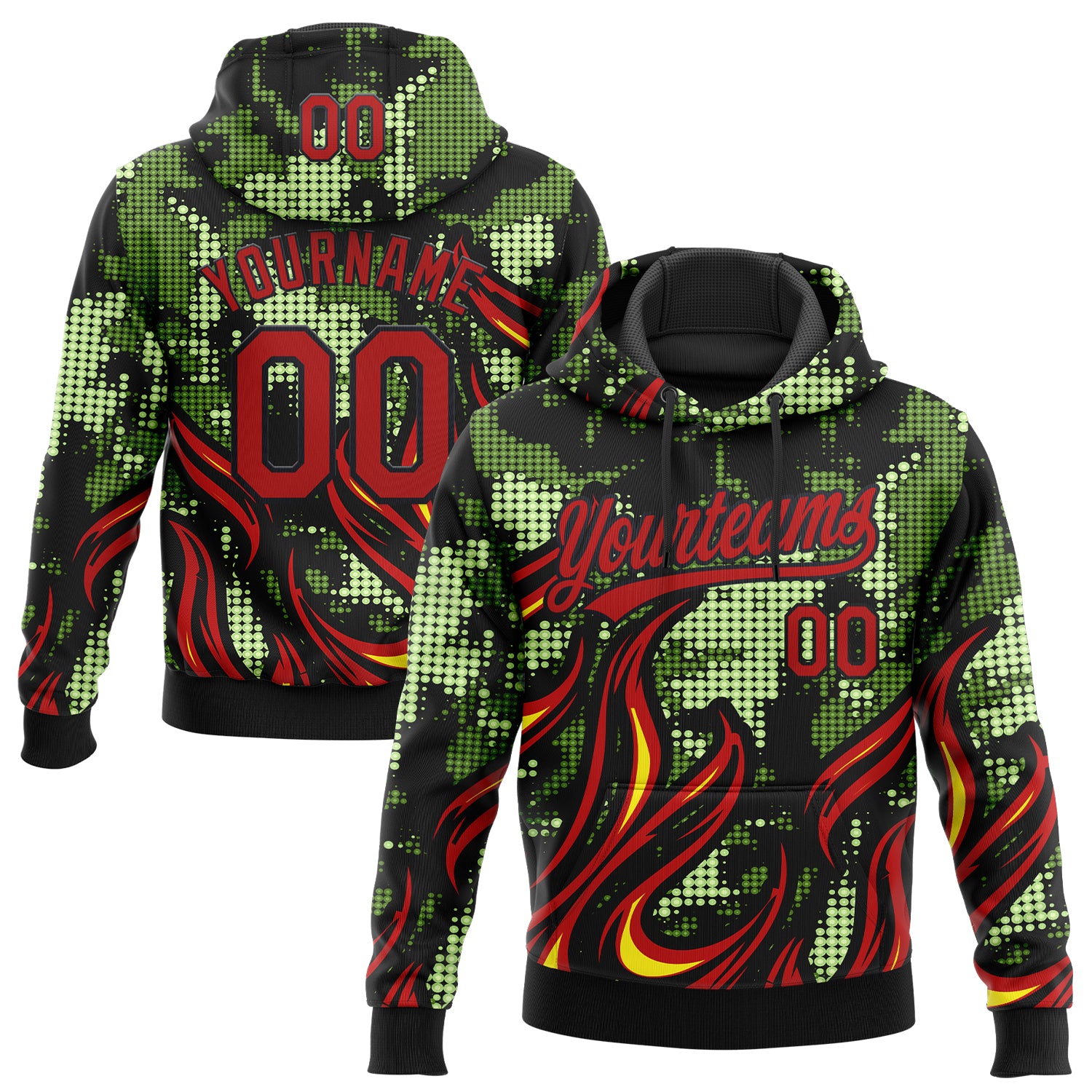Custom Stitched Black Red Green-Yellow 3D Pattern Design Flame Sports Pullover Sweatshirt Hoodie