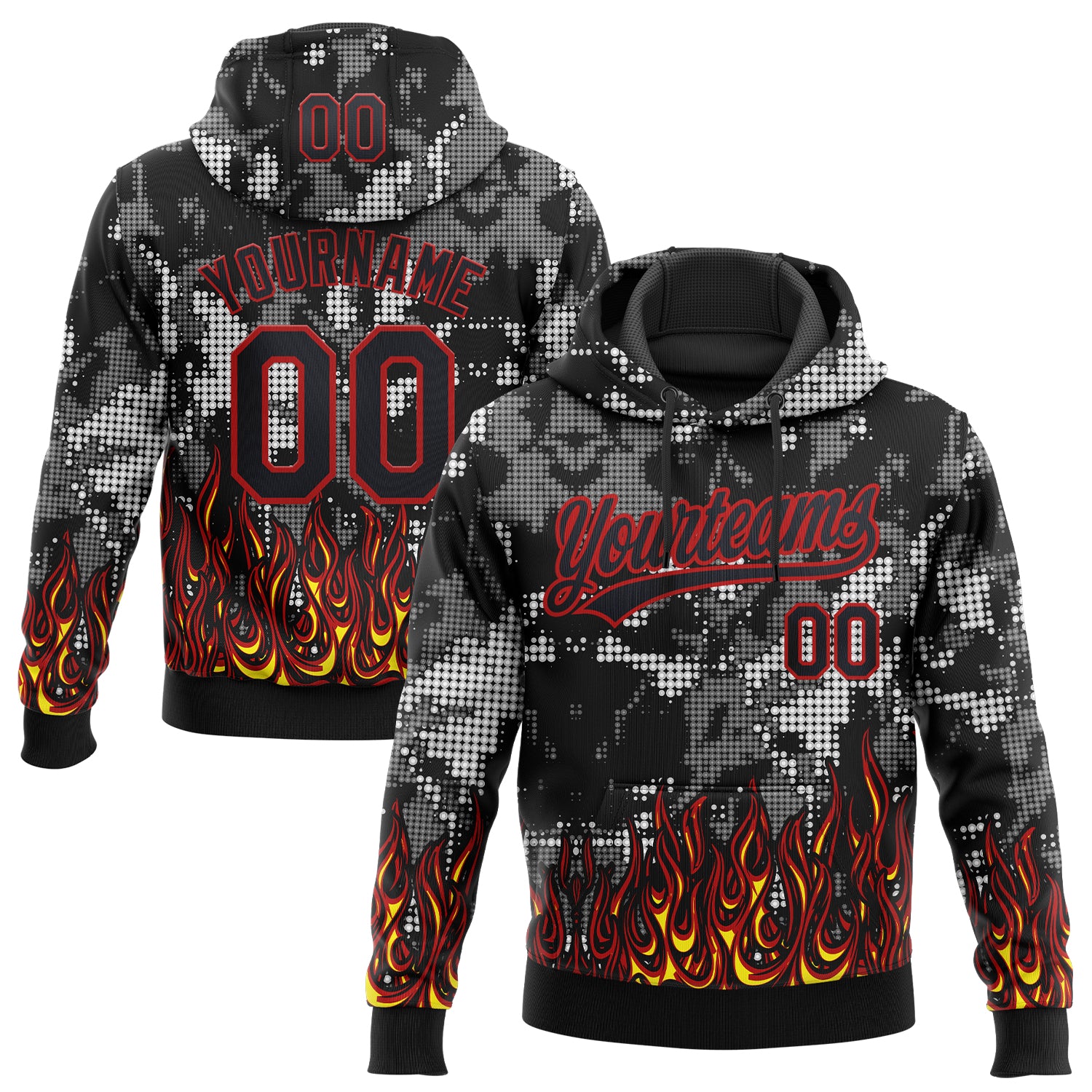 Custom Stitched Black Yellow Red-White 3D Pattern Design Flame Sports Pullover Sweatshirt Hoodie