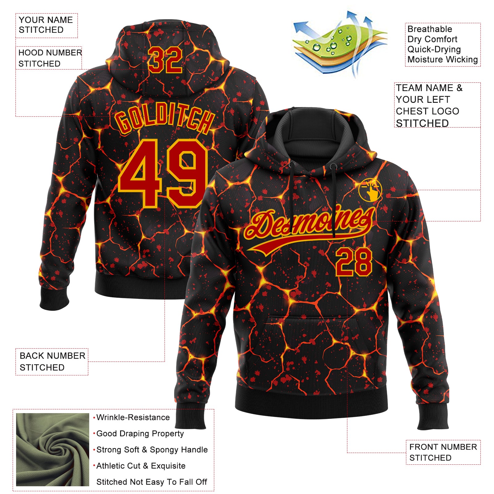 Custom Stitched Black Red-Yellow 3D Pattern Design Flame Sports Pullover Sweatshirt Hoodie