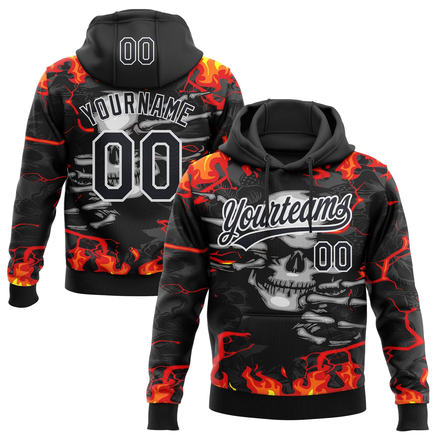 Custom Stitched Black Red Yellow-White 3D Pattern Design Flame Skull Sports Pullover Sweatshirt Hoodie