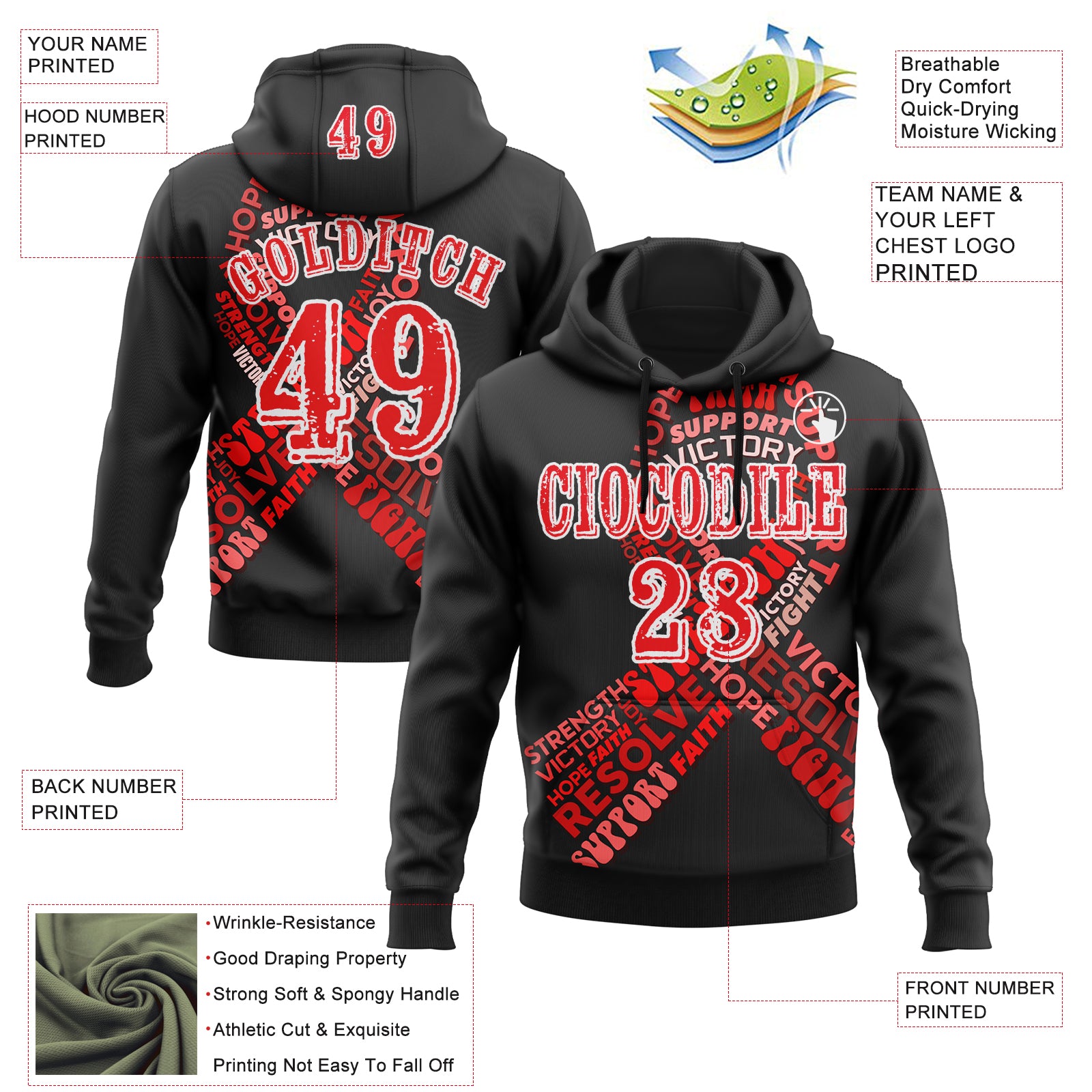 Custom Black Fire Red-White 3D Blood Cancer World Cancer Day Ribbon Support Sports Pullover Sweatshirt Hoodie