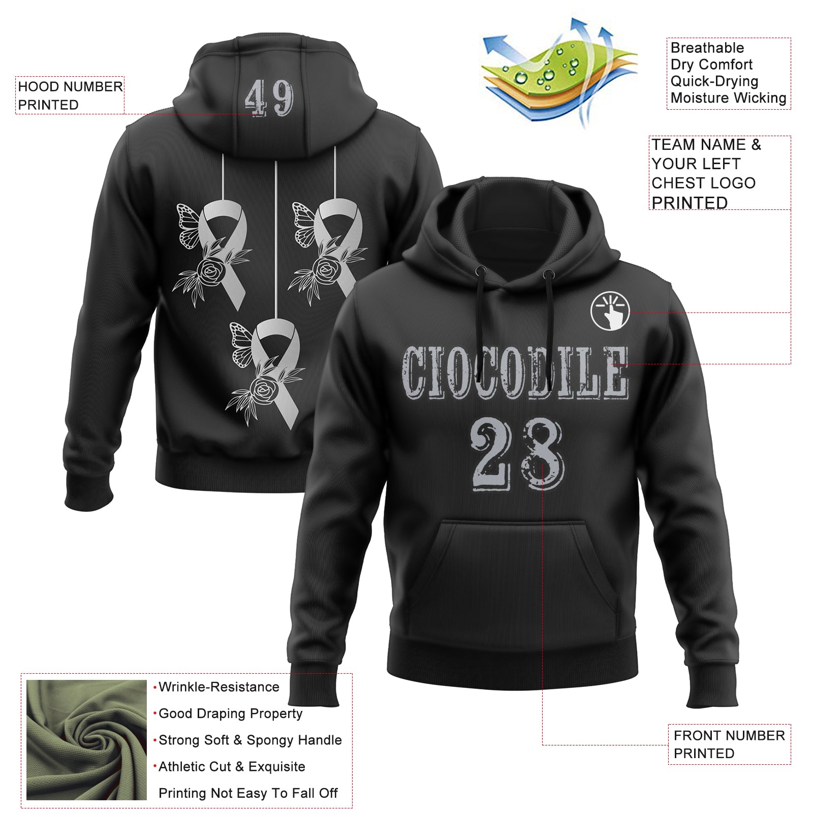Custom Black Gray 3D Brain Cancer World Cancer Day Ribbon Support Sports Pullover Sweatshirt Hoodie