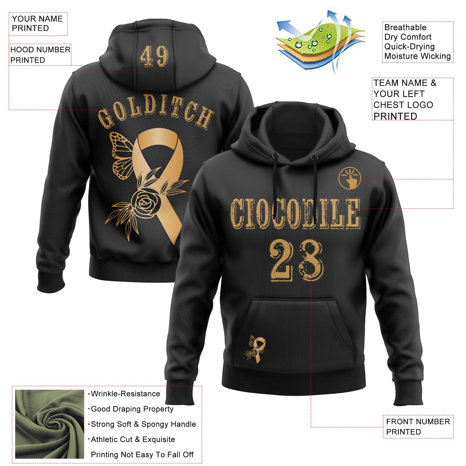 Custom Black Old Gold 3D Childhood Cancer World Cancer Day Ribbon Support Sports Pullover Sweatshirt Hoodie