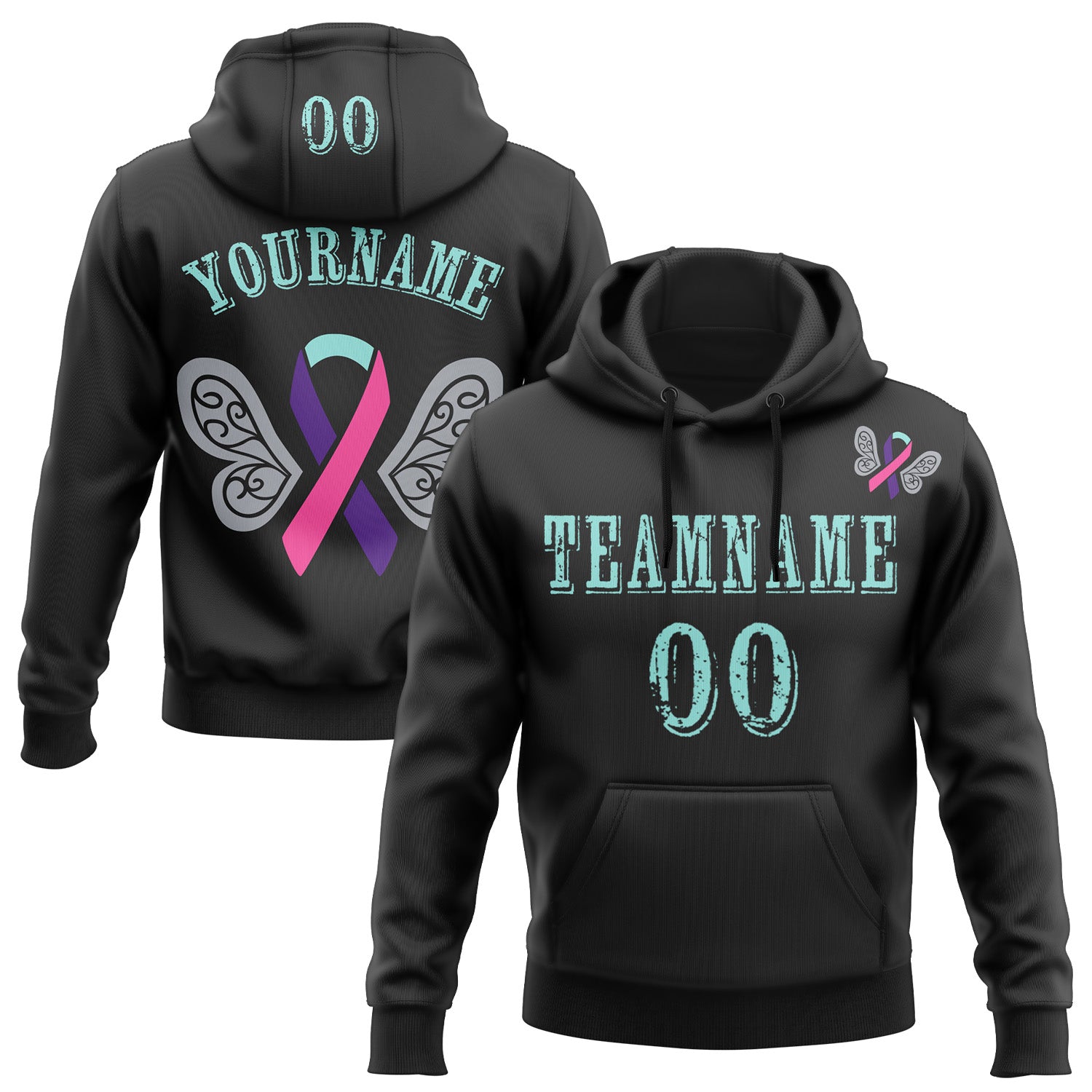 Custom Black Ice Blue 3D Thyroid Cancer World Cancer Day Ribbon Support Sports Pullover Sweatshirt Hoodie