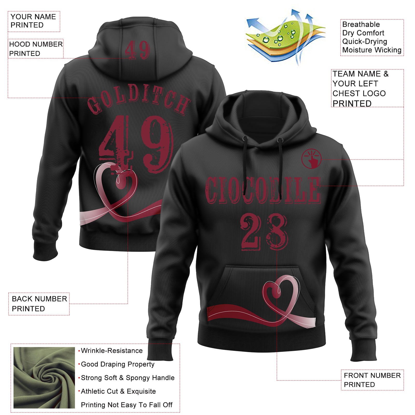 Custom Black Crimson 3D Head And Neck Cancer World Cancer Day Ribbon Support Sports Pullover Sweatshirt Hoodie