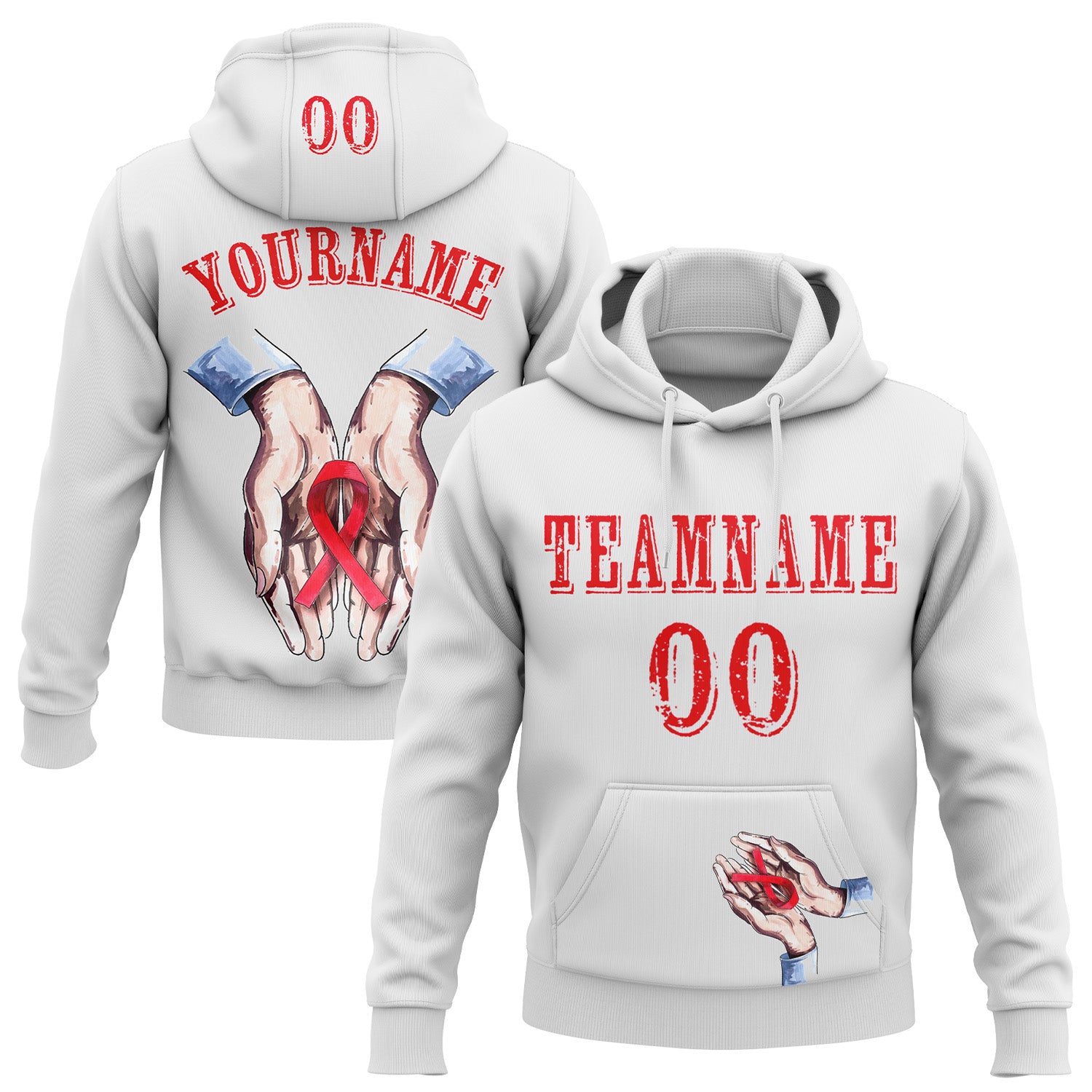 Custom White Fire Red 3D Blood Cancer World Cancer Day Ribbon Support Sports Pullover Sweatshirt Hoodie