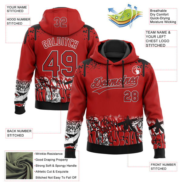Custom Stitched Red Black-White 3D Graffiti Splash Street Art Sports Pullover Sweatshirt Hoodie