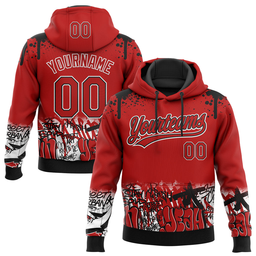 Custom Stitched Red Black-White 3D Graffiti Splash Street Art Sports Pullover Sweatshirt Hoodie