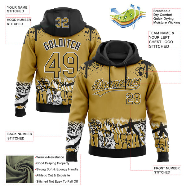 Custom Stitched Old Gold Black-White 3D Graffiti Splash Street Art Sports Pullover Sweatshirt Hoodie