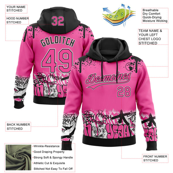 Custom Stitched Pink Black-White 3D Graffiti Splash Street Art Sports Pullover Sweatshirt Hoodie