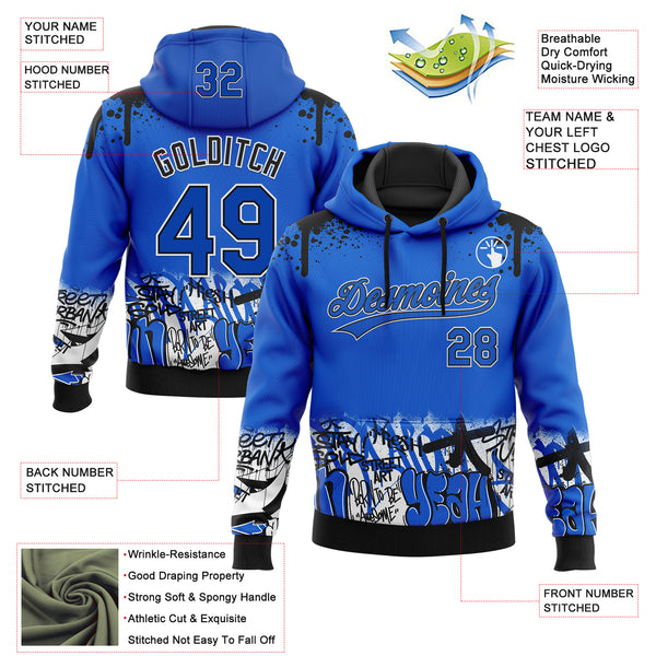 Custom Stitched Thunder Blue Black-White 3D Graffiti Splash Street Art Sports Pullover Sweatshirt Hoodie