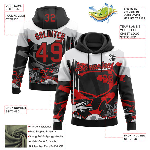 Custom Stitched Black Red Gray-White 3D Graffiti Splash Street Art Sports Pullover Sweatshirt Hoodie