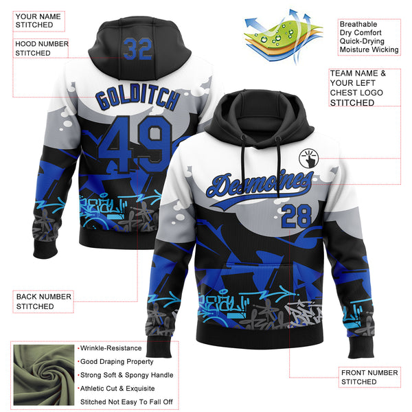 Custom Stitched Black Thunder Blue Gray-White 3D Graffiti Splash Street Art Sports Pullover Sweatshirt Hoodie
