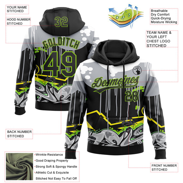 Custom Stitched Black Gray Neon Green Yellow-White 3D Graffiti Splash Street Art Sports Pullover Sweatshirt Hoodie