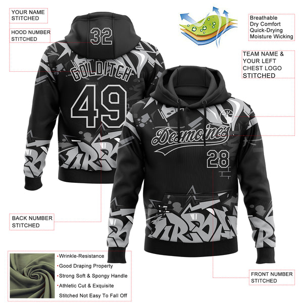 Custom Stitched Black Gray-White 3D Graffiti Splash Street Art Sports Pullover Sweatshirt Hoodie
