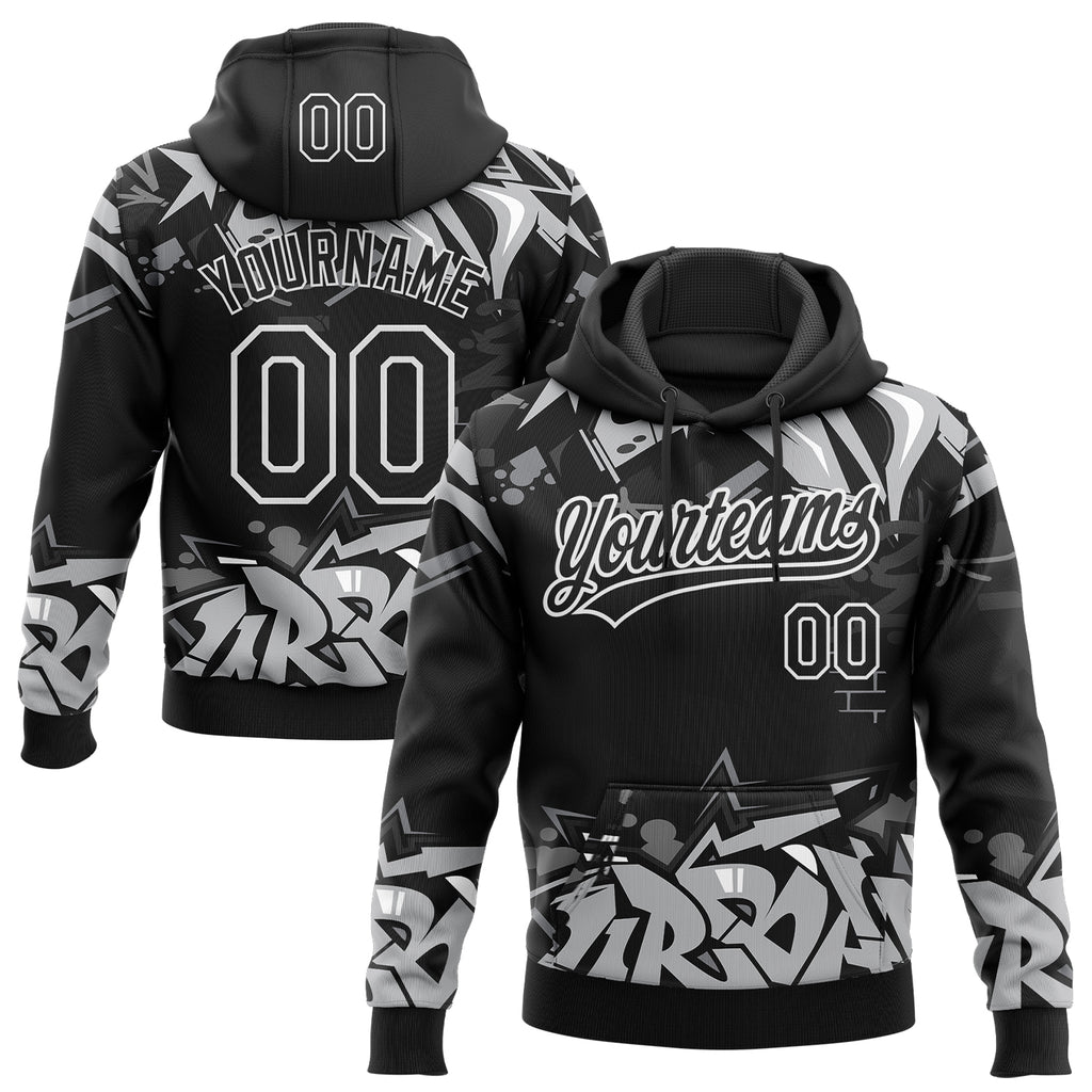 Custom Stitched Black Gray-White 3D Graffiti Splash Street Art Sports Pullover Sweatshirt Hoodie