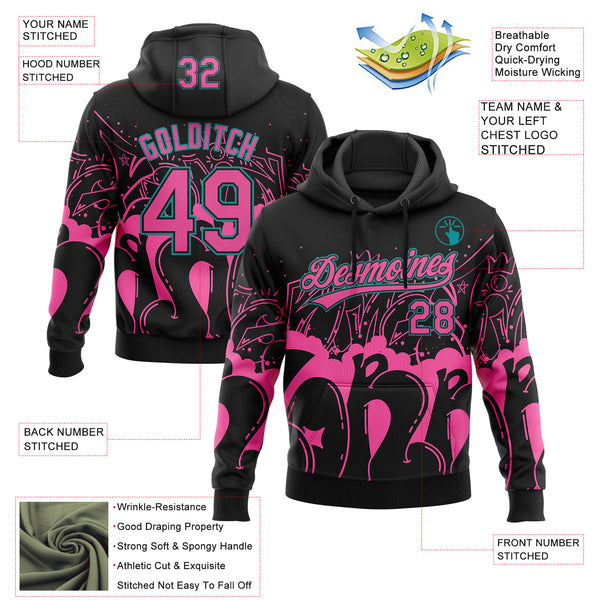 Custom Stitched Black Pink-Teal 3D Graffiti Splash Street Art Sports Pullover Sweatshirt Hoodie