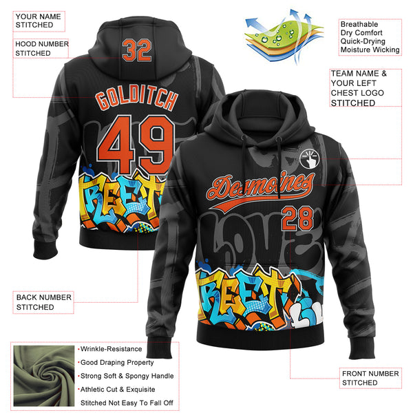 Custom Stitched Black Orange Gray-White 3D Graffiti Splash Street Art Sports Pullover Sweatshirt Hoodie