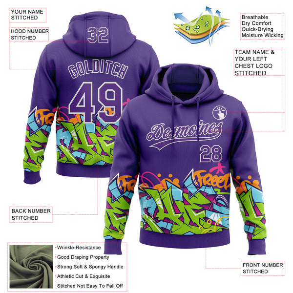 Custom Stitched Purple White 3D Graffiti Splash Street Art Sports Pullover Sweatshirt Hoodie