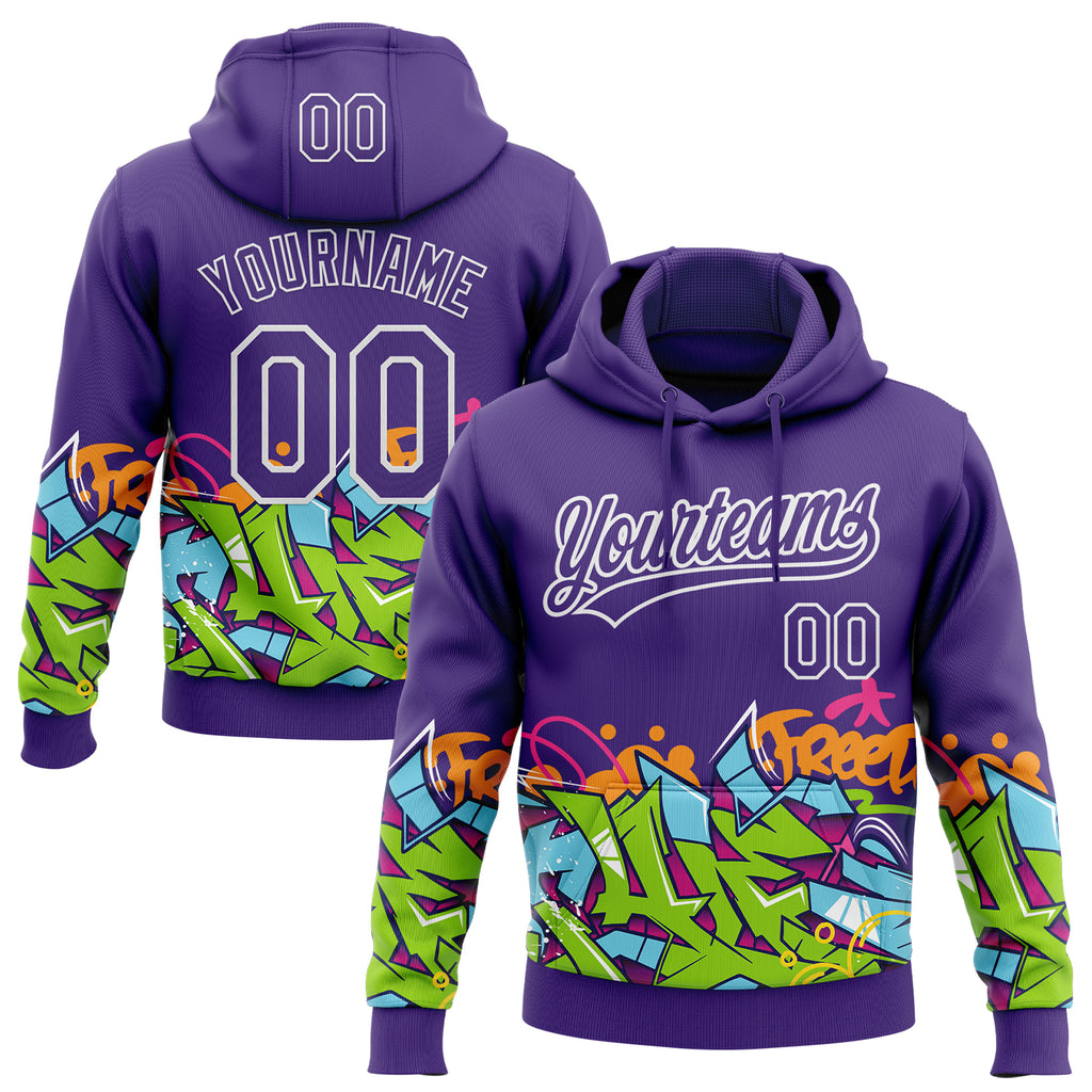 Custom Stitched Purple White 3D Graffiti Splash Street Art Sports Pullover Sweatshirt Hoodie