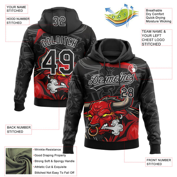 Custom Stitched Black Gray Red-White 3D Pattern Design Animal Bull Sports Pullover Sweatshirt Hoodie