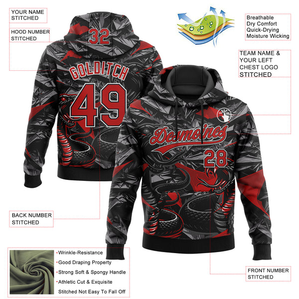 Custom Stitched Black Red Gray-White 3D Pattern Design Animal Snake Sports Pullover Sweatshirt Hoodie