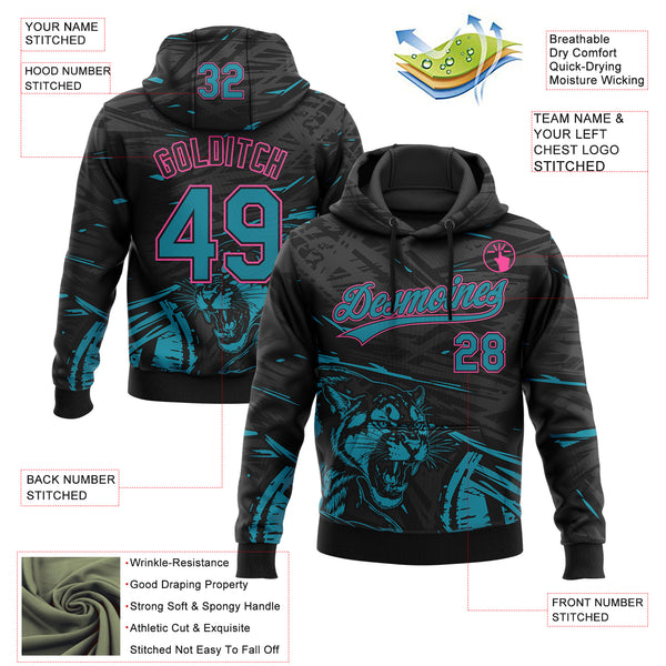 Custom Stitched Black Teal-Pink 3D Pattern Design Animal Tiger Sports Pullover Sweatshirt Hoodie