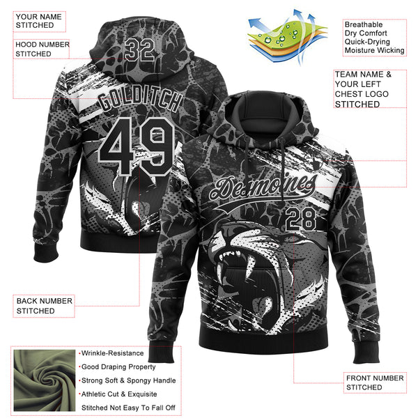 Custom Stitched Black Gray-White 3D Pattern Design Animal Tiger Sports Pullover Sweatshirt Hoodie