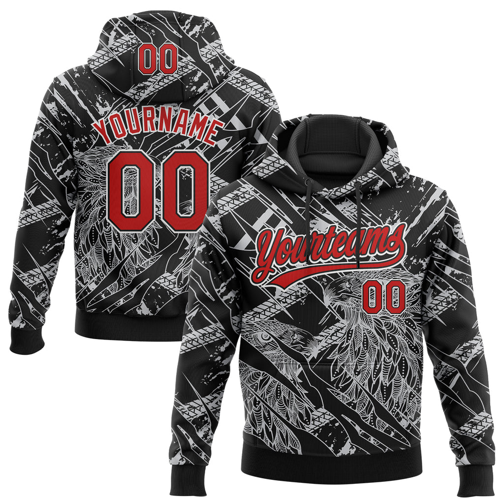 Custom Stitched Black Red Gray-White 3D Pattern Design Animal Eagle Sports Pullover Sweatshirt Hoodie
