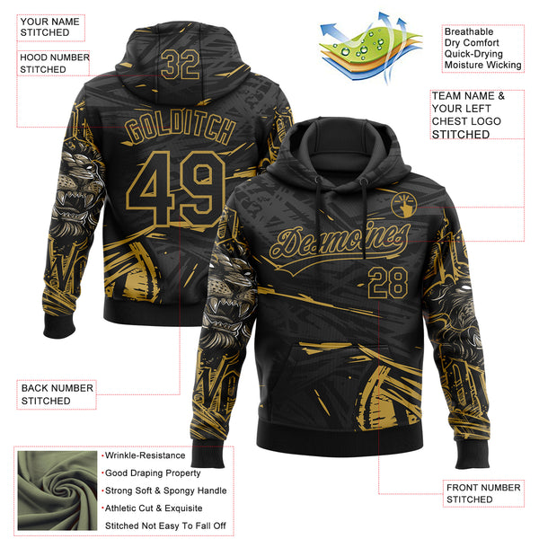 Custom Stitched Black Gray-Old Gold 3D Pattern Design Animal Lion Sports Pullover Sweatshirt Hoodie