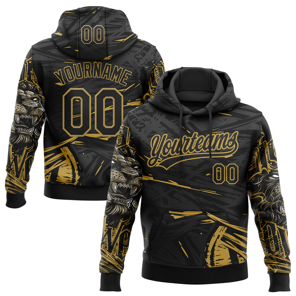 Custom Stitched Black Gray-Old Gold 3D Pattern Design Animal Lion Sports Pullover Sweatshirt Hoodie