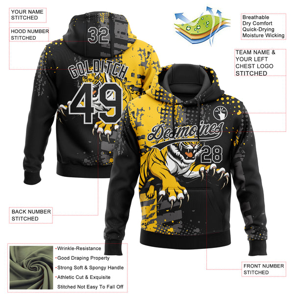 Custom Stitched Black Yellow Gray-White 3D Pattern Design Animal Tiger Sports Pullover Sweatshirt Hoodie
