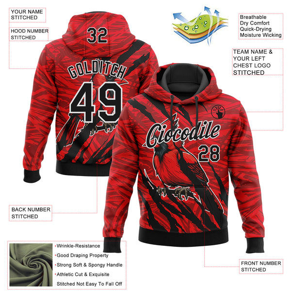 Custom Stitched Red Black Gray-White 3D Pattern Design Animal Cardinal Bird Sports Pullover Sweatshirt Hoodie