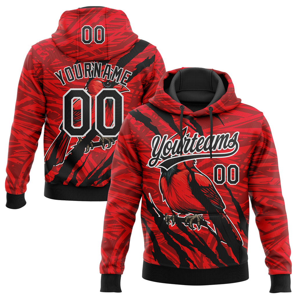 Custom Stitched Red Black Gray-White 3D Pattern Design Animal Cardinal Bird Sports Pullover Sweatshirt Hoodie