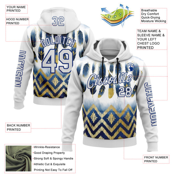 Custom White Royal 3D Pattern Design Native American Tribal Sportswear Pullover Sweatshirt Hoodie