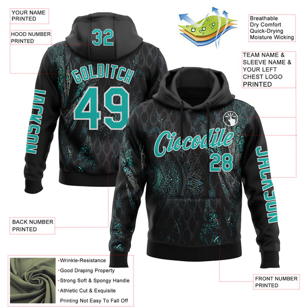 Custom Black Aqua-White 3D Pattern Design Ethnic Tribal Sportswear Pullover Sweatshirt Hoodie