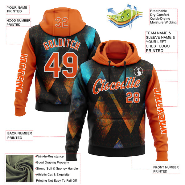 Custom Black Orange-White 3D Pattern Design Ethnic Tribal Sportswear Pullover Sweatshirt Hoodie