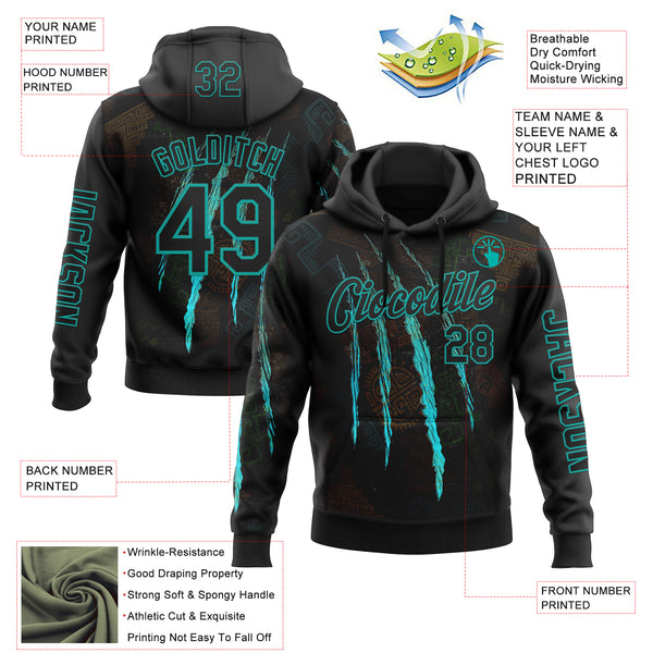 Custom Black Aqua 3D Pattern Design Scratch Tribal Sportswear Pullover Sweatshirt Hoodie