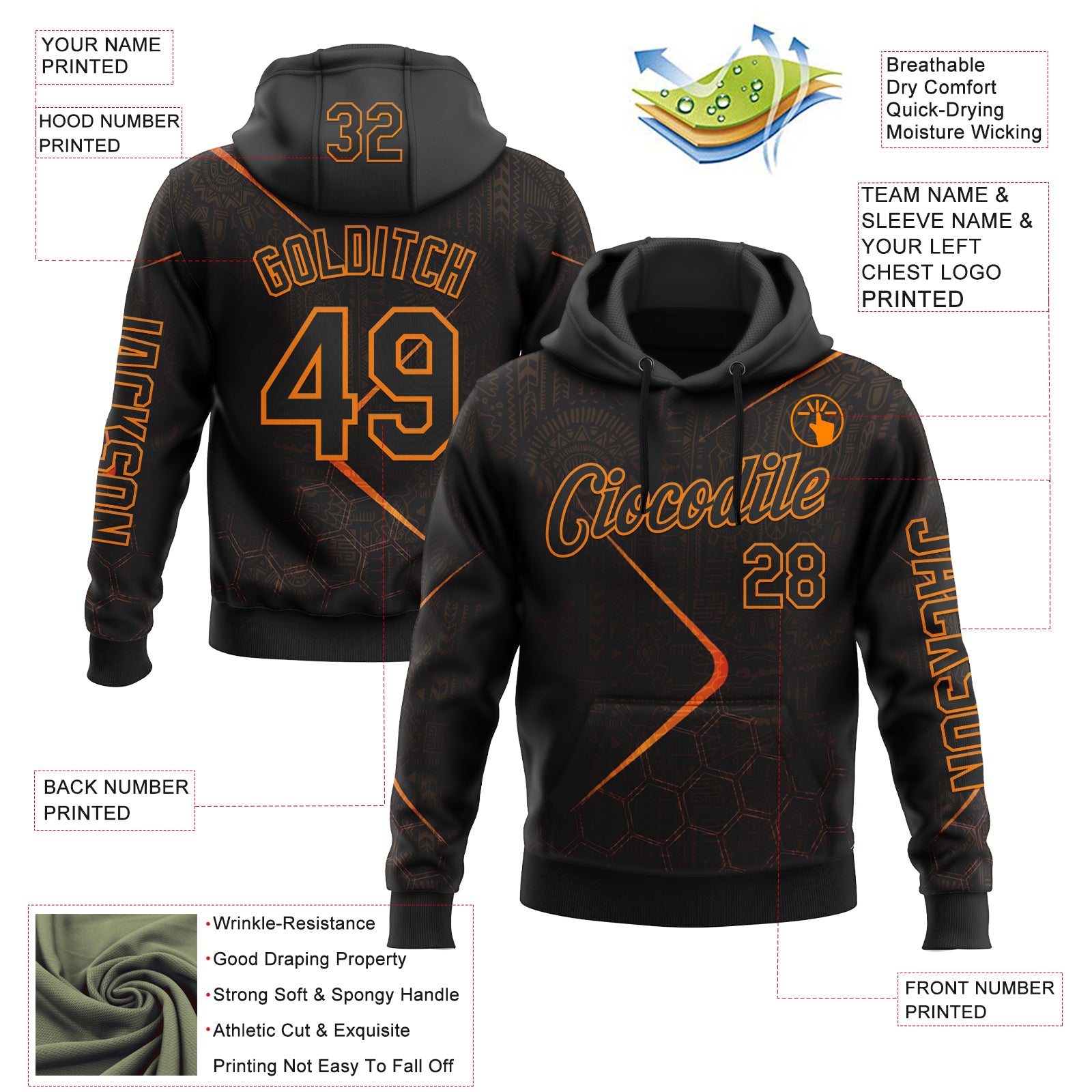 Custom Black Bay Orange 3D Pattern Design Ethnic Tribal Sportswear Pullover Sweatshirt Hoodie