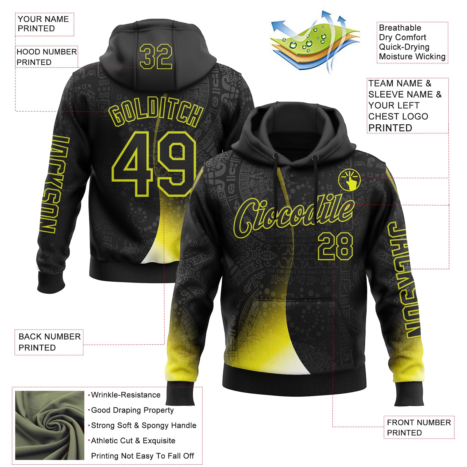 Custom Black Neon Yellow 3D Pattern Design Ethnic Tribal Sportswear Pullover Sweatshirt Hoodie