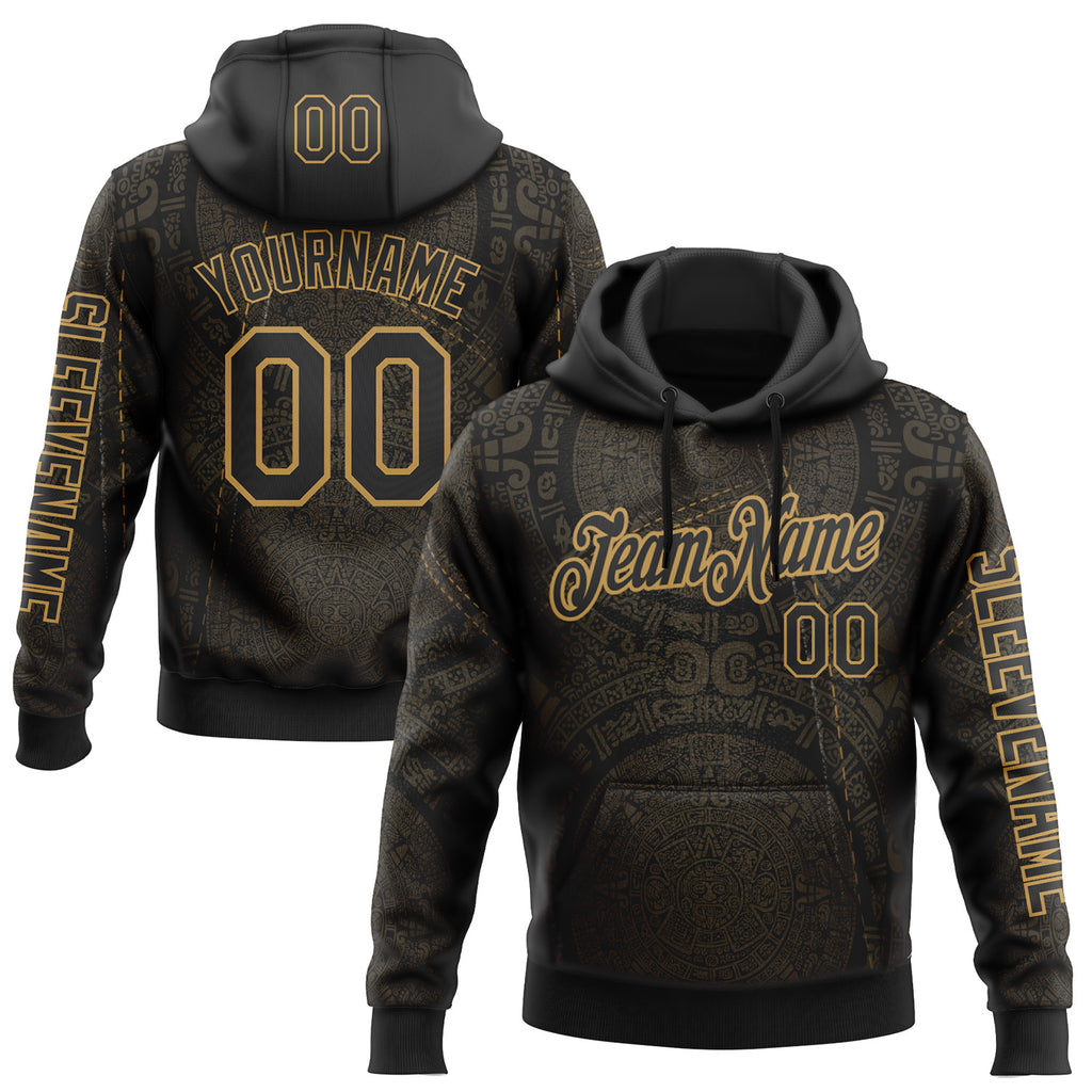 Custom Black Old Gold 3D Pattern Design Ethnic Tribal Sportswear Pullover Sweatshirt Hoodie