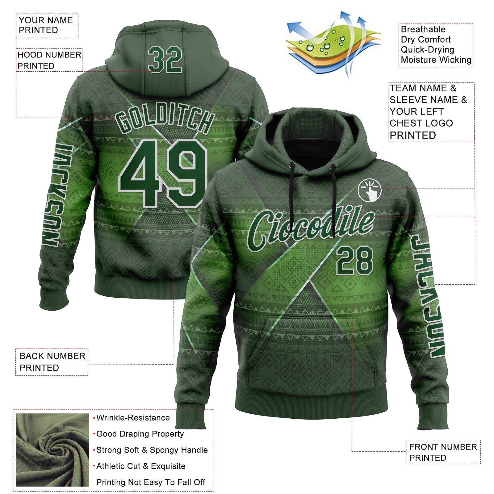 Custom Green White 3D Pattern Design Ethnic Tribal Sportswear Pullover Sweatshirt Hoodie