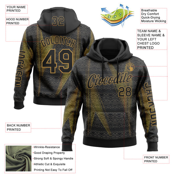 Custom Black Old Gold 3D Pattern Design Ethnic Tribal Sportswear Pullover Sweatshirt Hoodie
