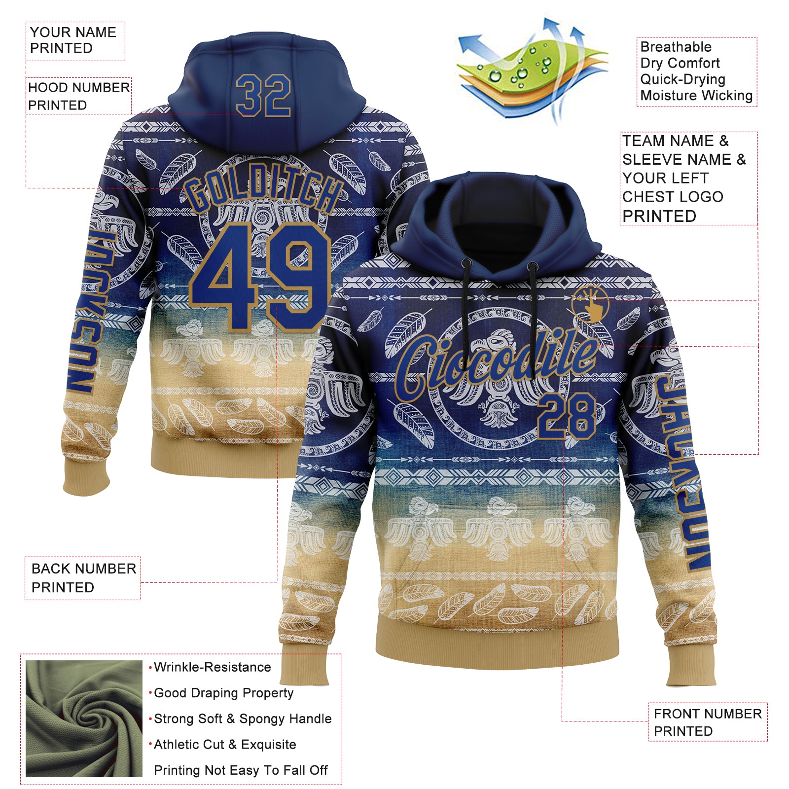 Custom Blue Royal-Old Gold 3D Pattern Design Ethnic Tribal Sportswear Pullover Sweatshirt Hoodie